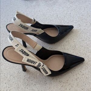 Dior Black Patent Pointed-Toe Slingback Heels with J'Adior Ivory Strap